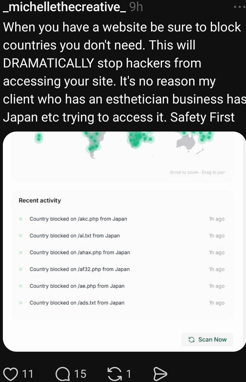Screenshot of social media advice telling website owners to block countries to stop hackers