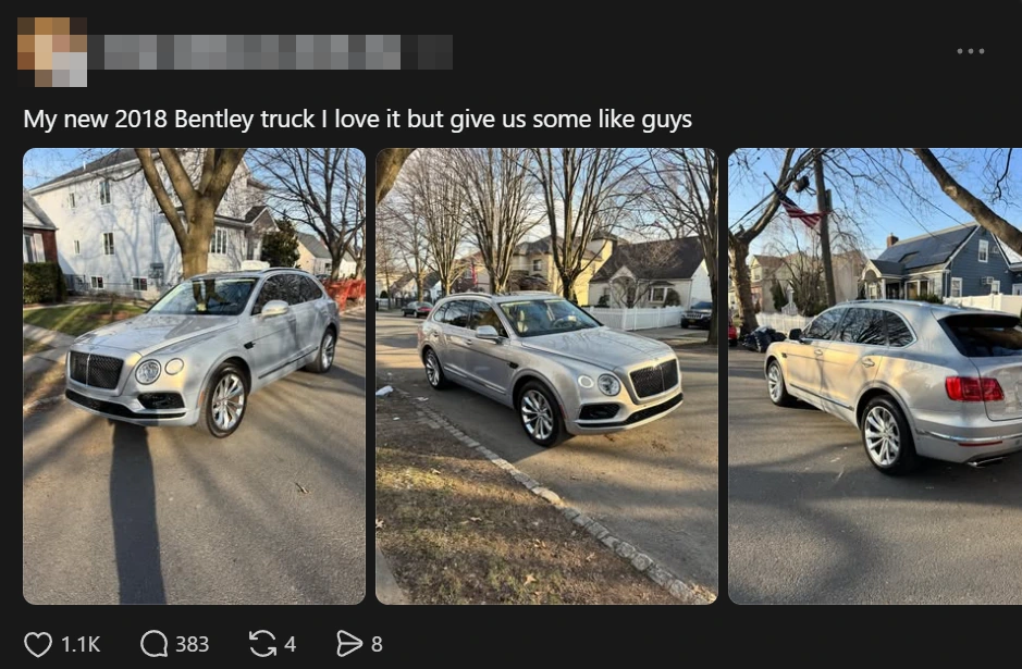 Original social media post showing a silver Bentley Bentayga parked in a neighborhood street