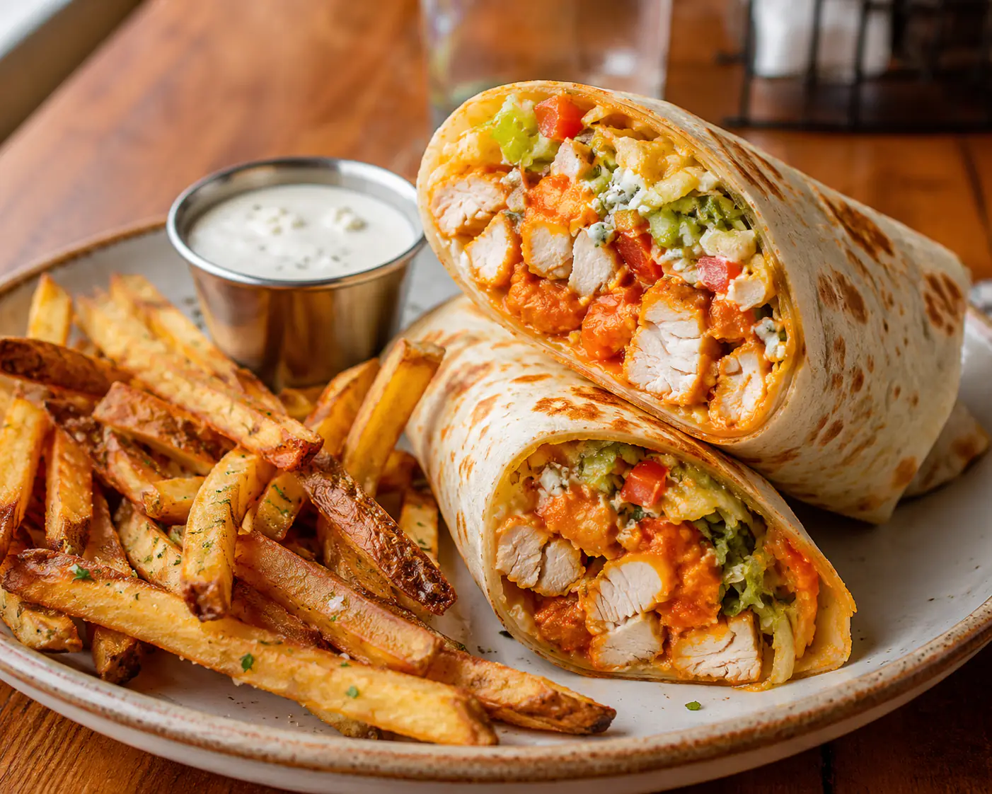 AI-generated chicken wrap with fries, generated with OpenAI GPT Image