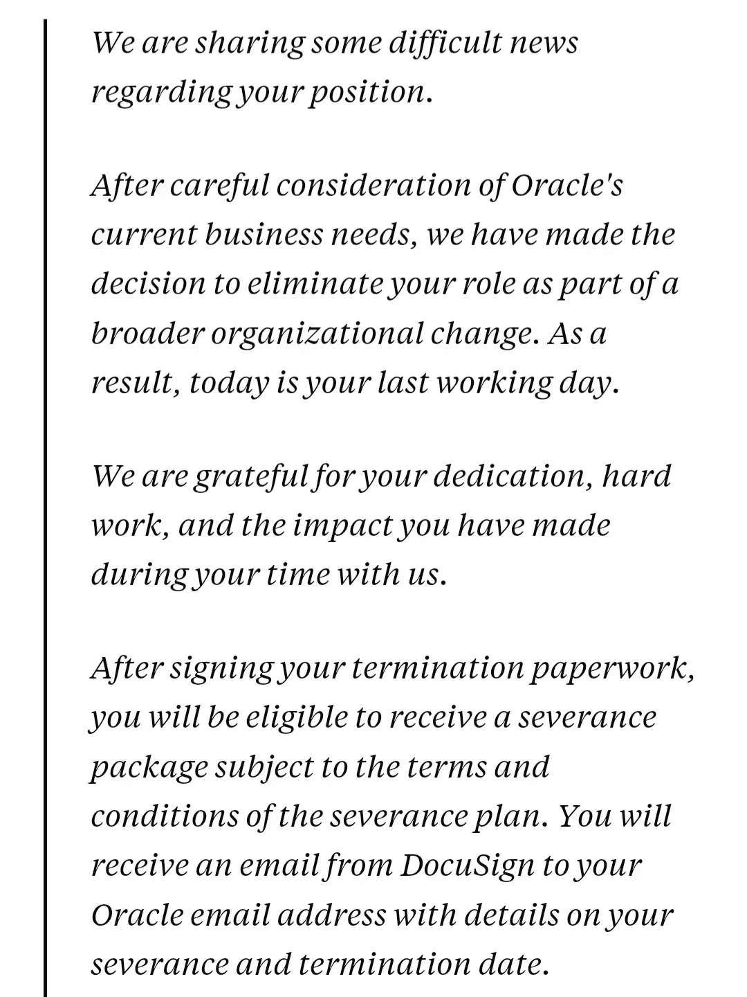 Oracle termination letter — today is your last working day