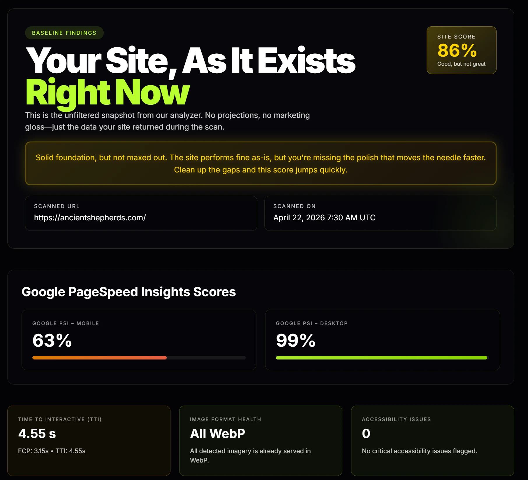 Scan report for ancientshepherds.com showing TTI 4.55s, mixed content, no srcset