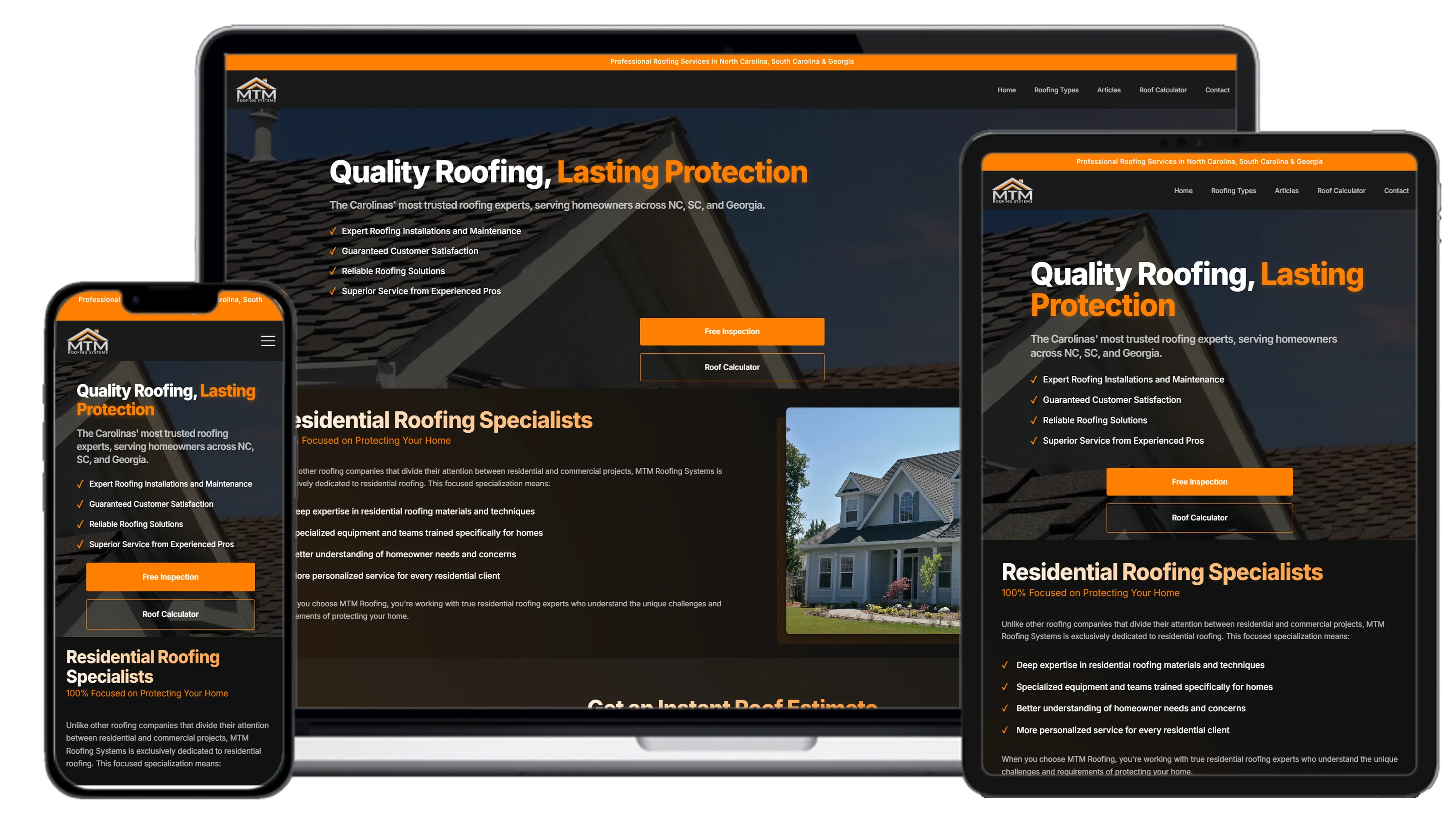 Roofing company website with 187% lead increase - residential and commercial roofing services