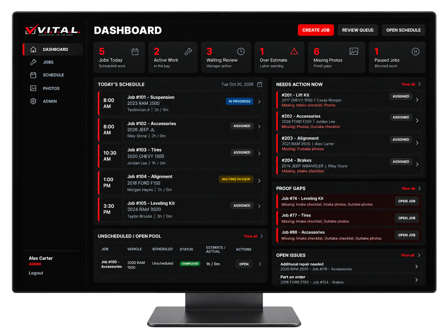 VITAL, custom automotive shop management software built by FOCUS AI, showing the shop dashboard with today's schedule and jobs needing action