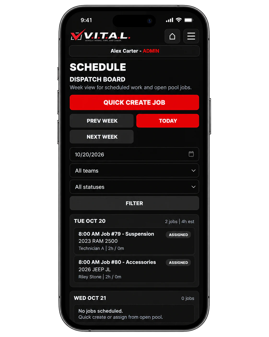 VITAL mobile schedule showing scheduled jobs and technician assignments