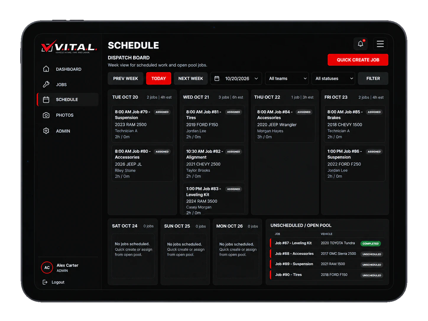 VITAL schedule dispatch board showing a week of scheduled jobs, technician assignments, and the unscheduled open pool